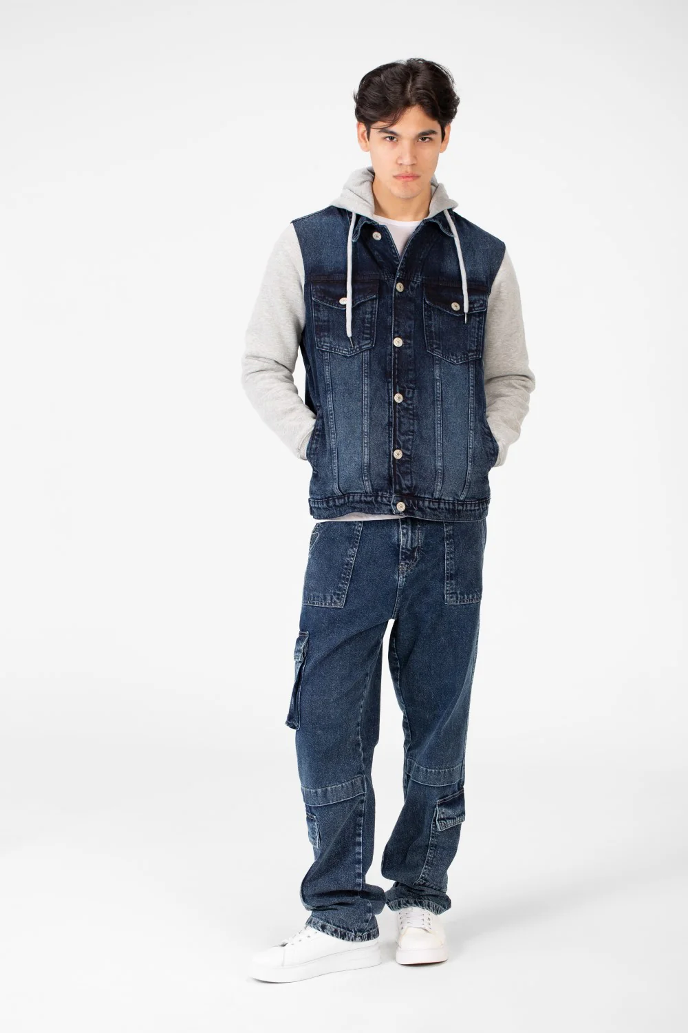 Men's Back Text Print Denim Jacket With Melton Sleeves And Hood - Image 28