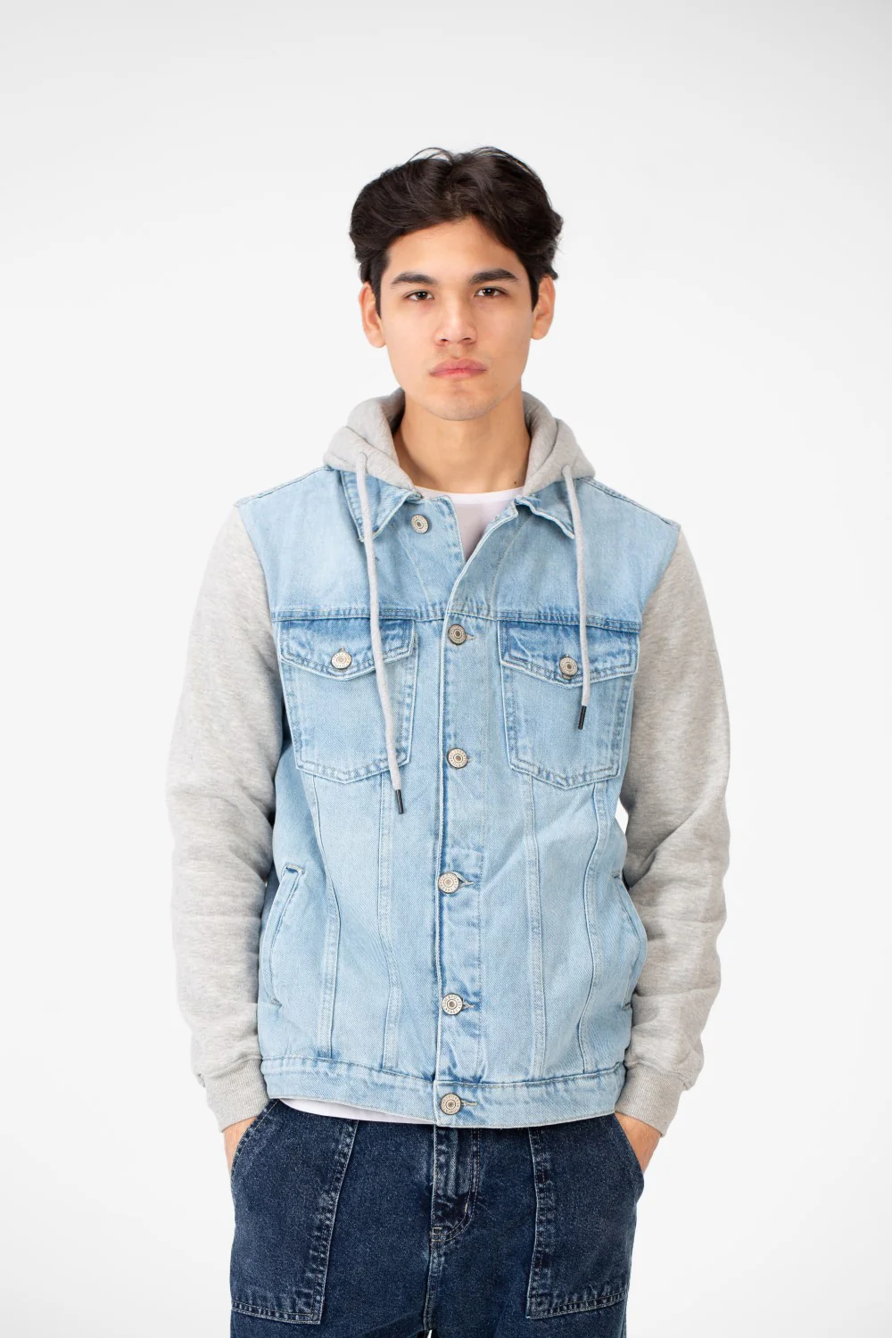 Men's Back Text Print Denim Jacket With Melton Sleeves And Hood - Image 29