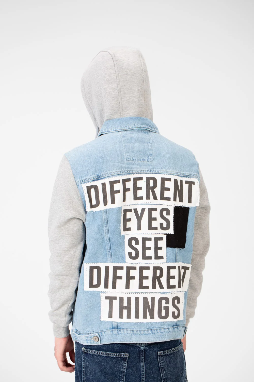 Men's Back Text Print Denim Jacket With Melton Sleeves And Hood - Image 30