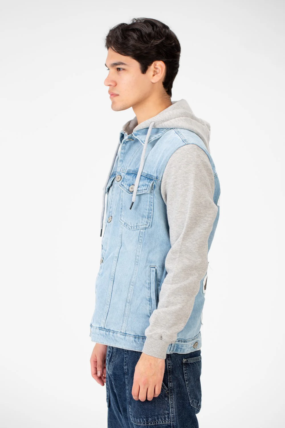 Men's Back Text Print Denim Jacket With Melton Sleeves And Hood - Image 31