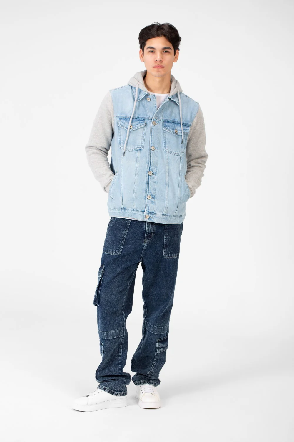 Men's Back Text Print Denim Jacket With Melton Sleeves And Hood - Image 32