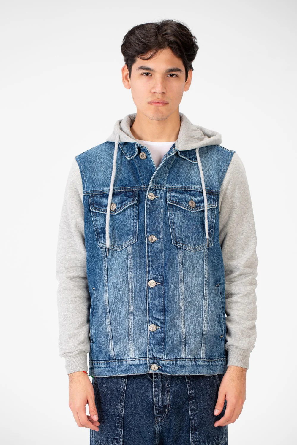Men's Back Text Print Denim Jacket With Melton Sleeves And Hood - Image 5