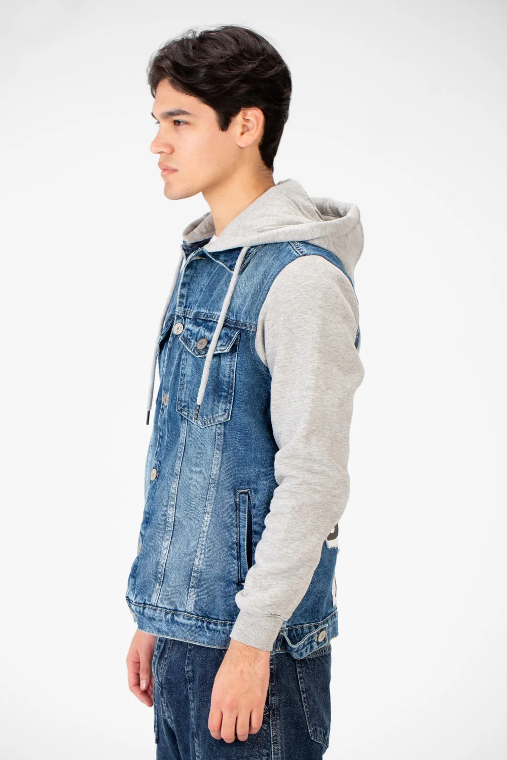 Men's Back Text Print Denim Jacket With Melton Sleeves And Hood - Image 7