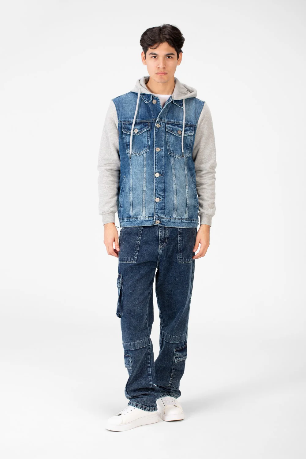 Men's Back Text Print Denim Jacket With Melton Sleeves And Hood - Image 8