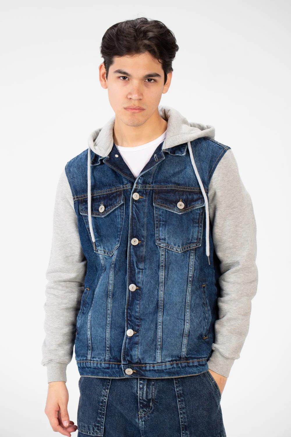 Men's Back Text Print Denim Jacket With Melton Sleeves And Hood - Image 9