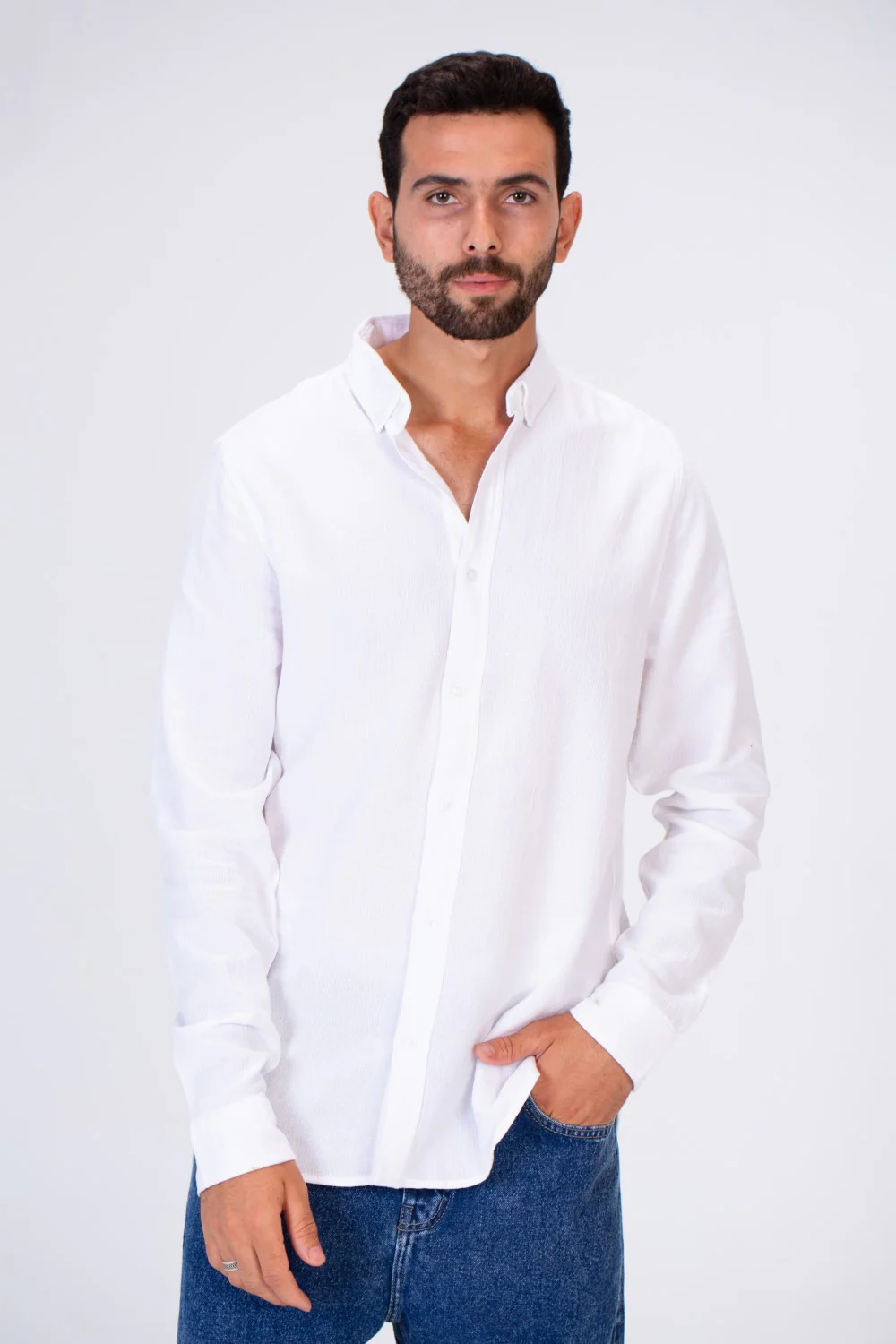 Men's Basic Plain Shirt With Long Sleeves And Button Front - Image 10