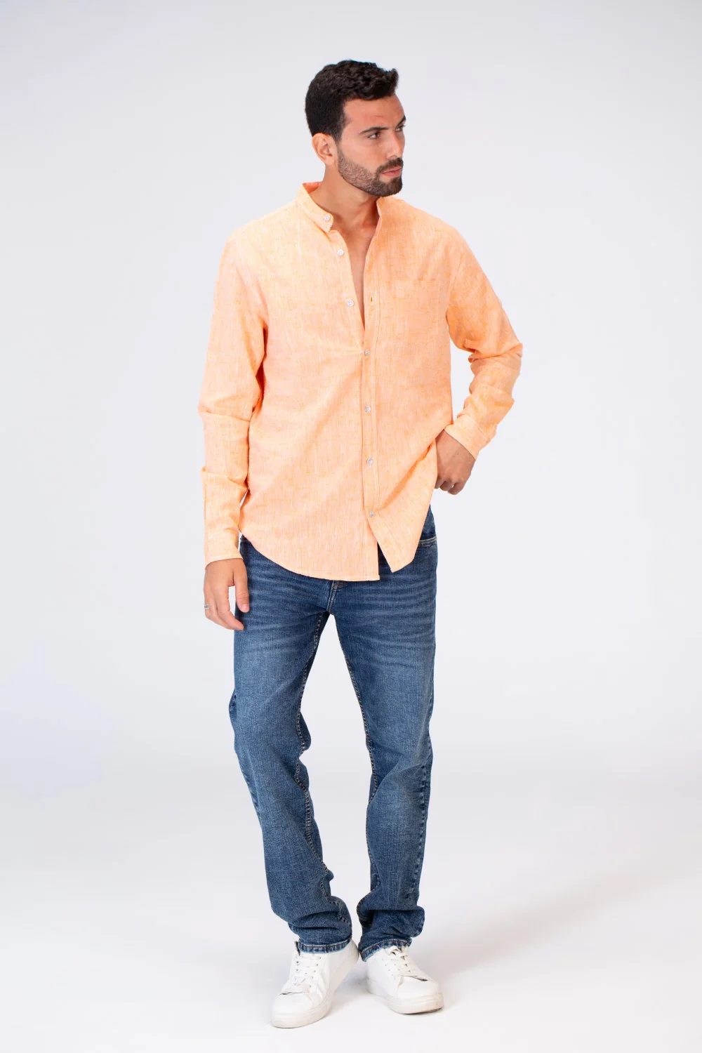 Mens Basic Slim Fit Linen Long Sleeve Button Front Shirt - Image 9