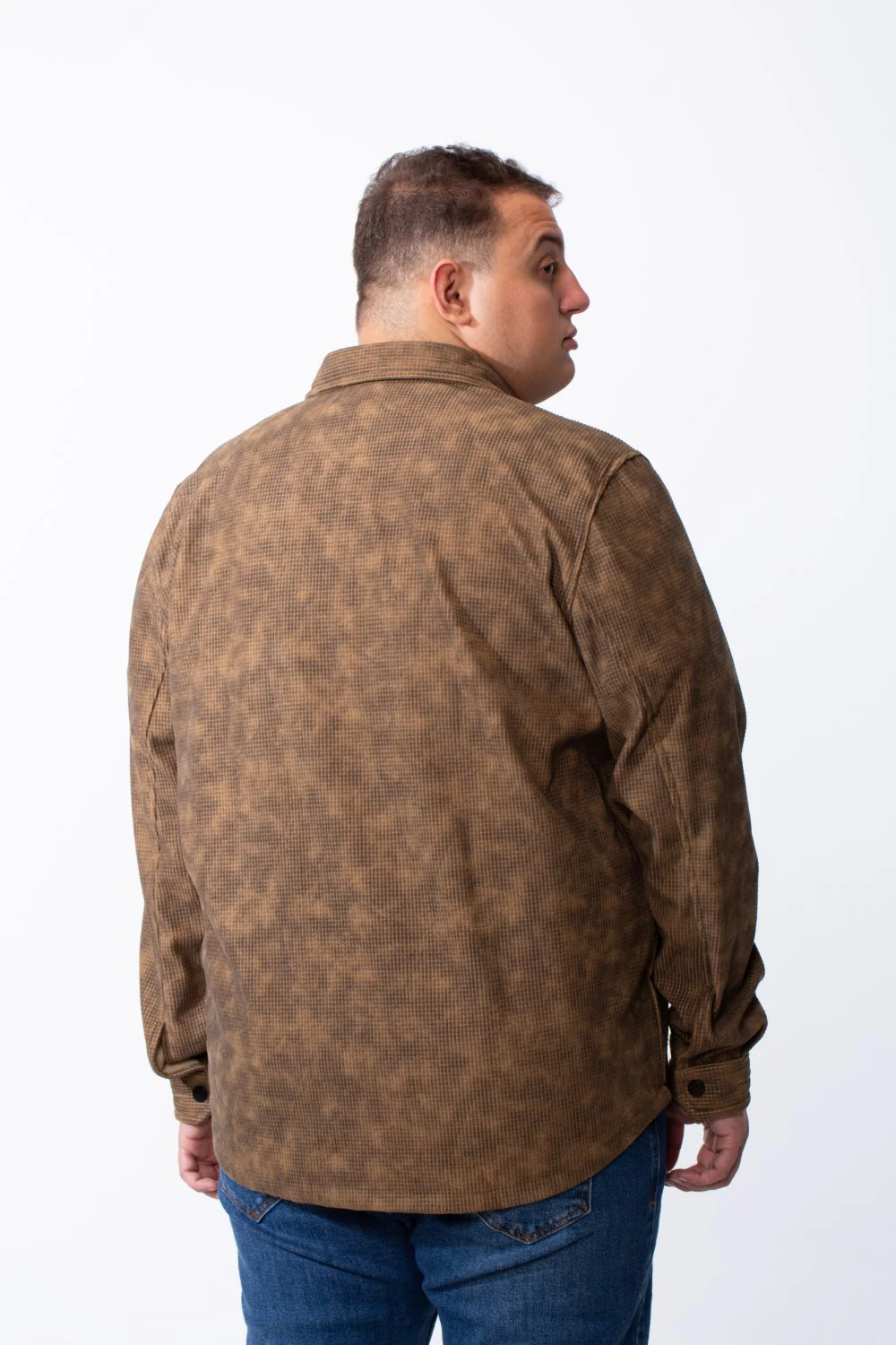 Men's Tomato Store Big Size Acid-Wash Pattern Textured Grid Fabric Classic Collar Full Front Snap Button Closure Practical Chest Pocket Shirt - Image 6