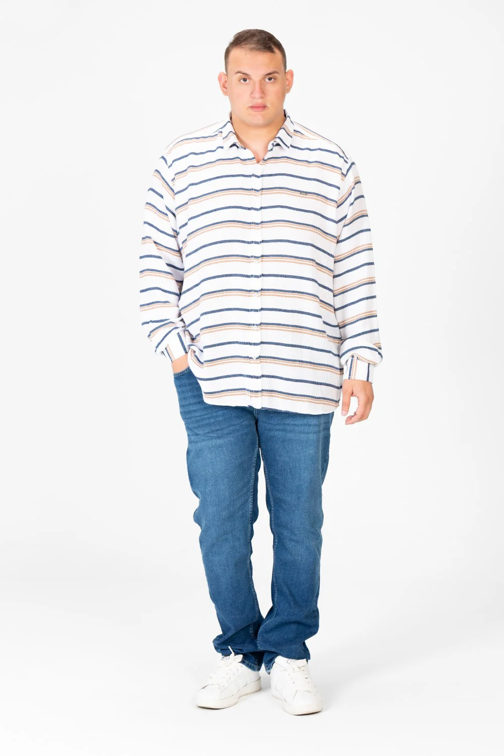 Men's Big Size Beige Striped Long Sleeved Shirt - Image 4