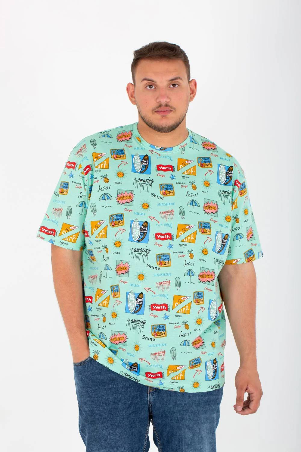 Mens Big Size half sleeves Round T-Shirt With Full Print - Image 3