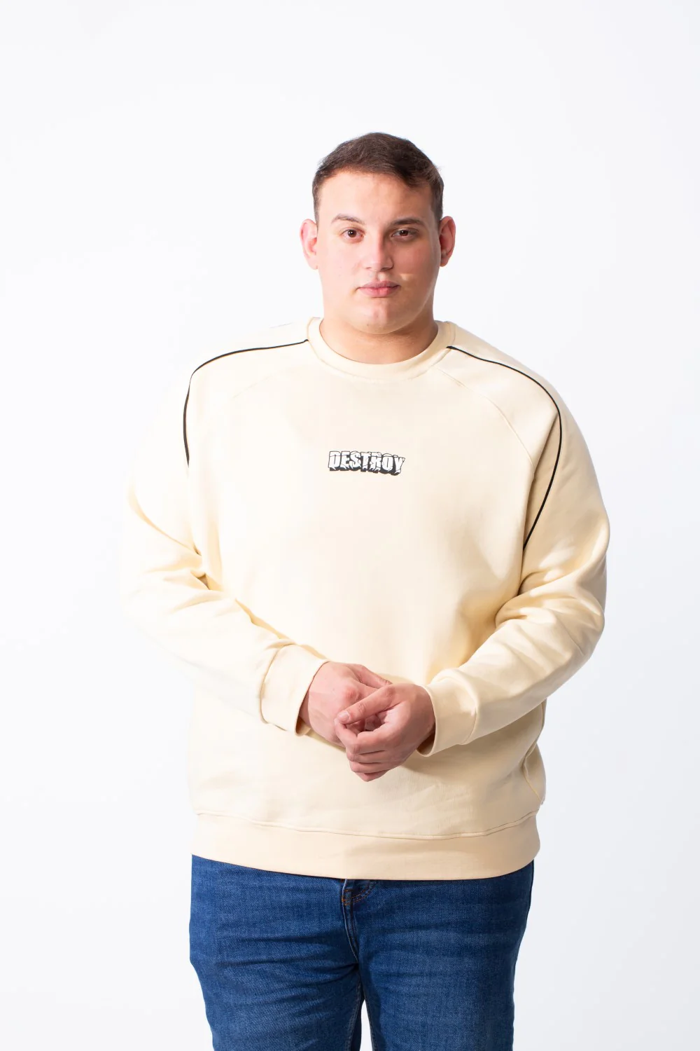 Men's Big Size Piping Details Along The Shoulders Crew Neckline Comfortable Fit Melton Sweatshirt