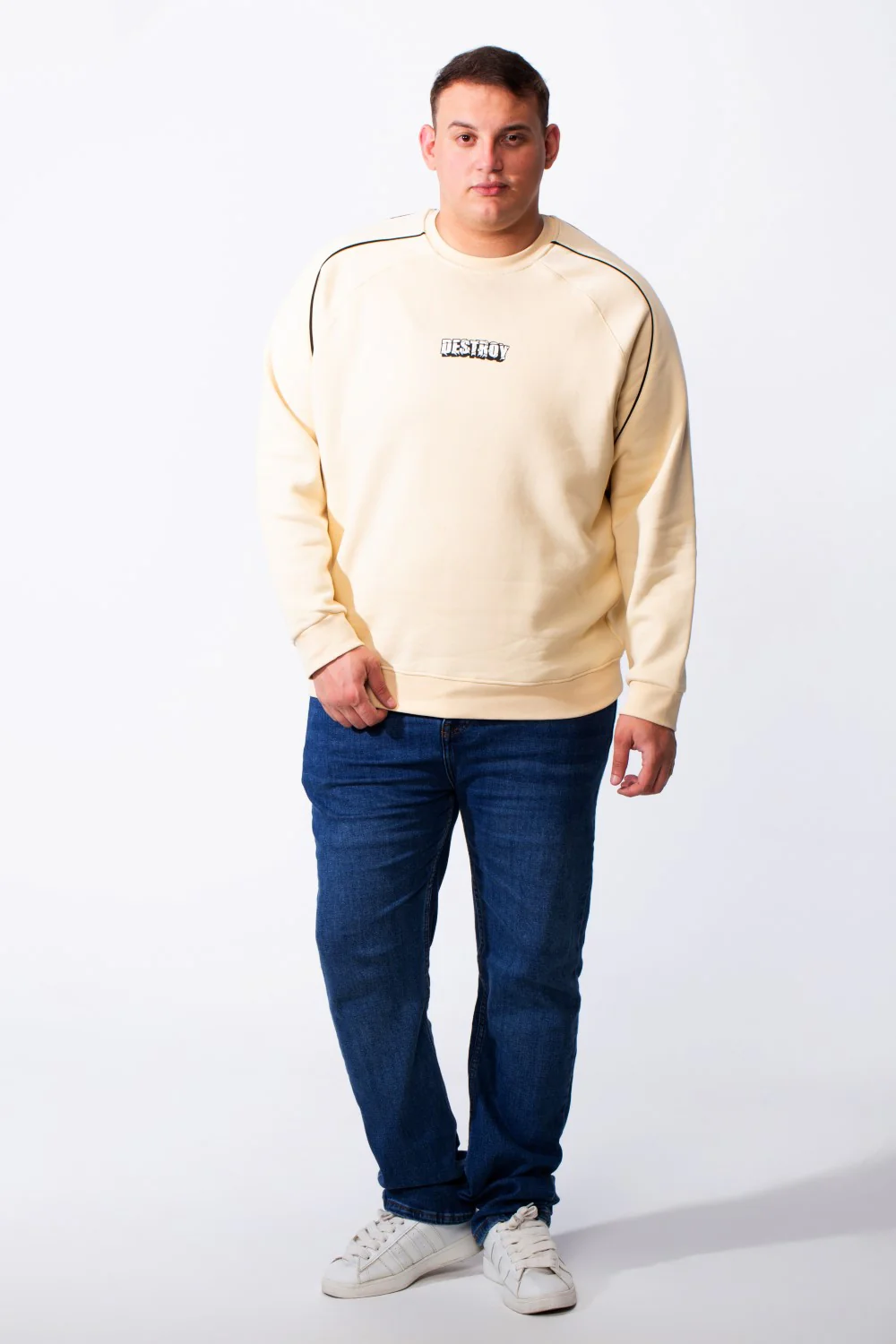 Men's Big Size Piping Details Along The Shoulders Crew Neckline Comfortable Fit Melton Sweatshirt - Image 3