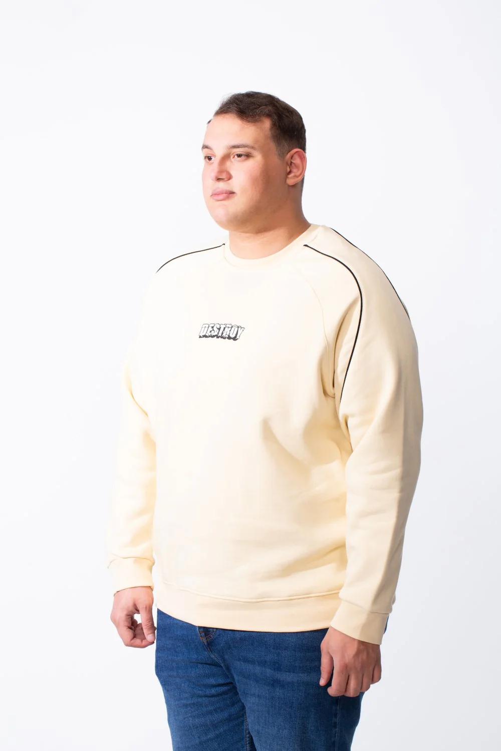 Men's Big Size Piping Details Along The Shoulders Crew Neckline Comfortable Fit Melton Sweatshirt - Image 4