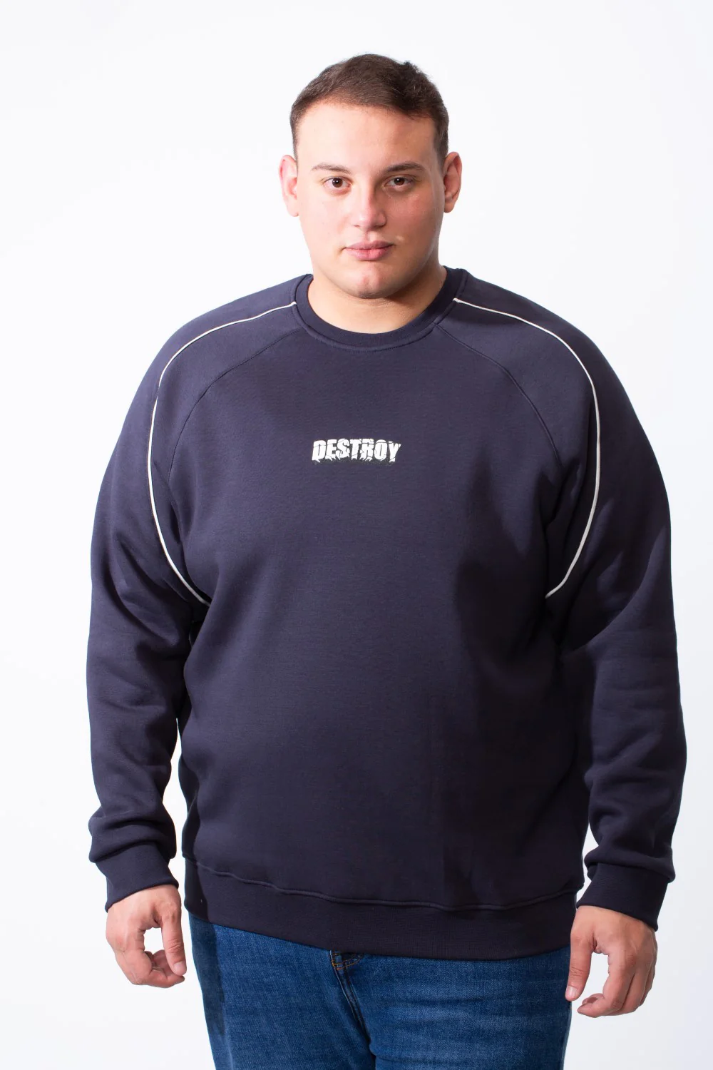 Men's Big Size Piping Details Along The Shoulders Crew Neckline Comfortable Fit Melton Sweatshirt - Image 5