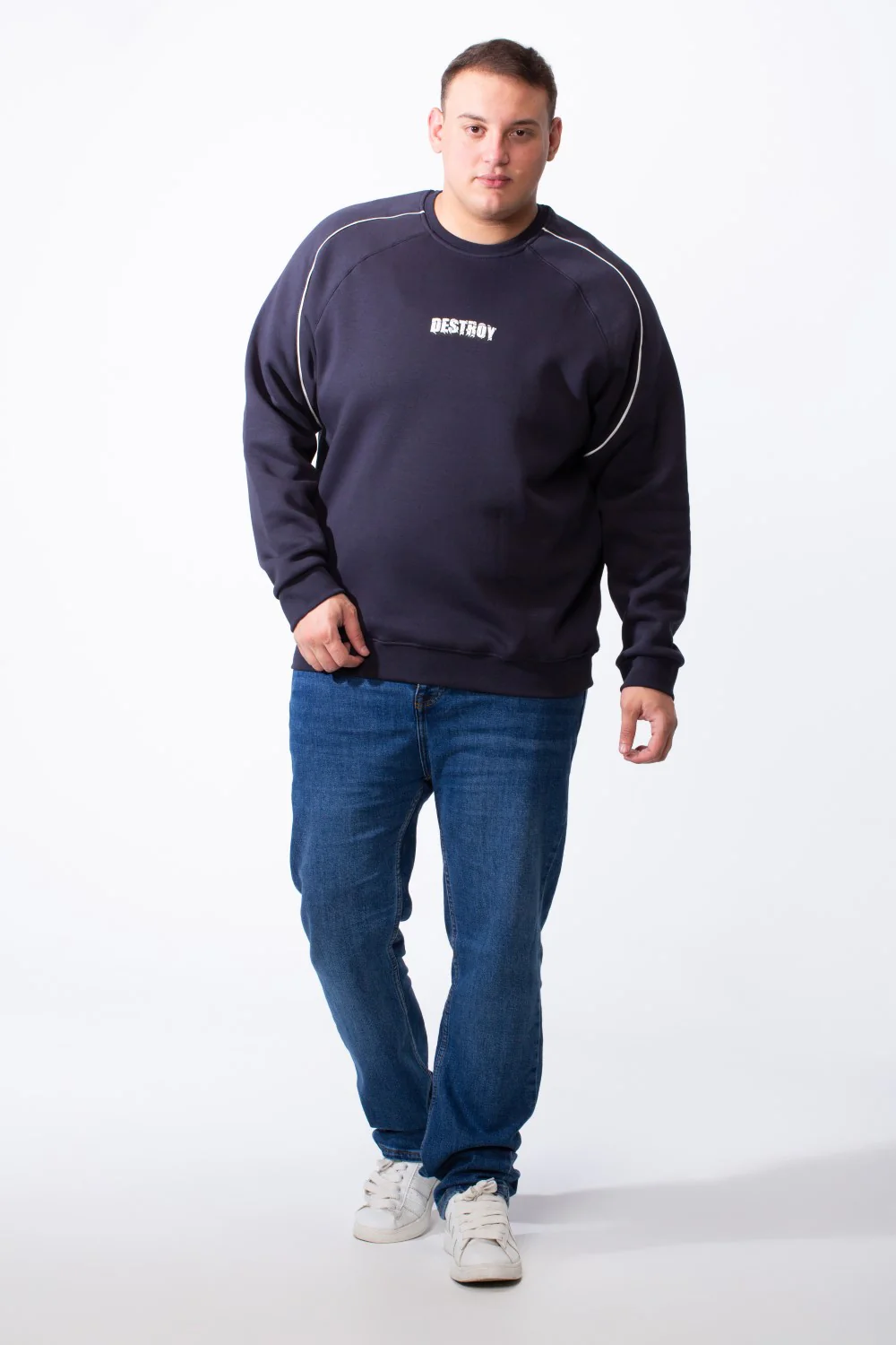 Men's Big Size Piping Details Along The Shoulders Crew Neckline Comfortable Fit Melton Sweatshirt - Image 7