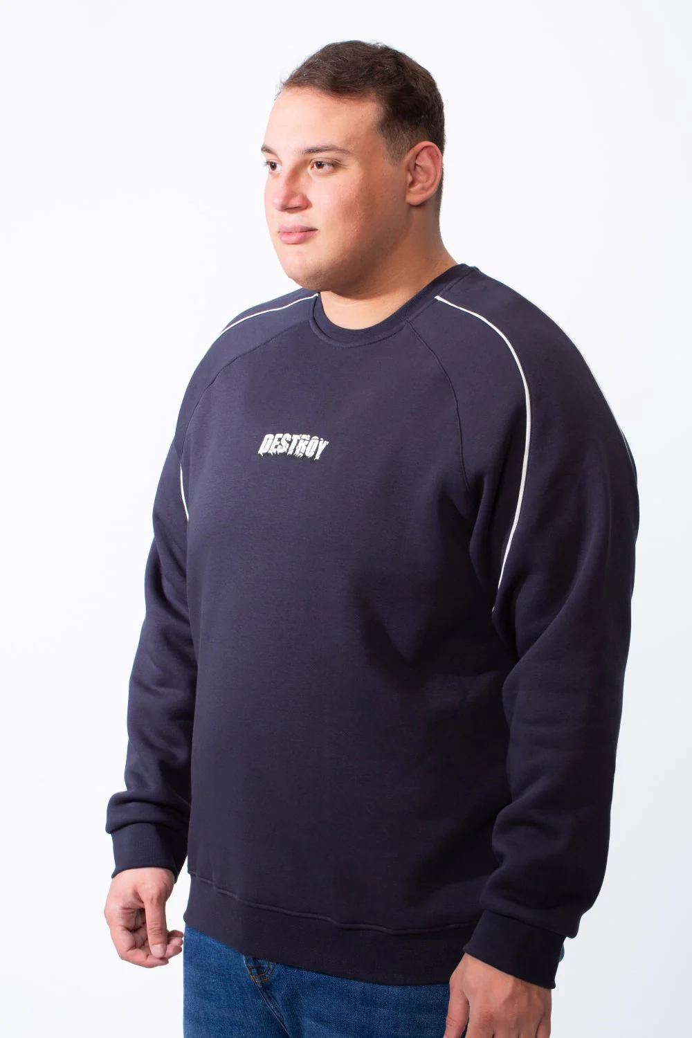 Men's Big Size Piping Details Along The Shoulders Crew Neckline Comfortable Fit Melton Sweatshirt - Image 8