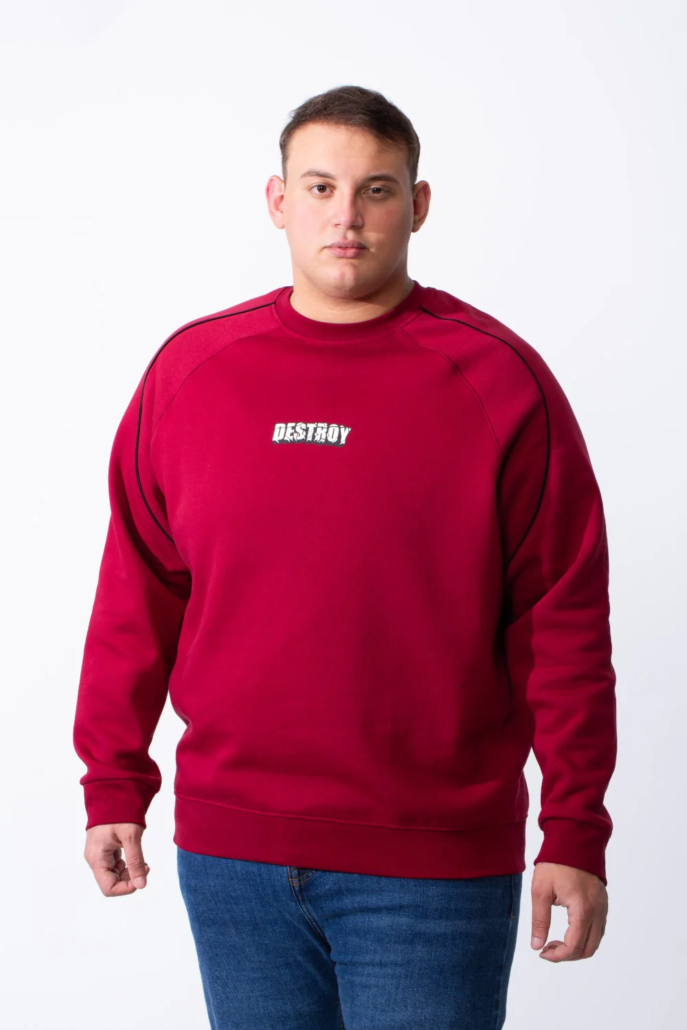 Men's Big Size Piping Details Along The Shoulders Crew Neckline Comfortable Fit Melton Sweatshirt - Image 9