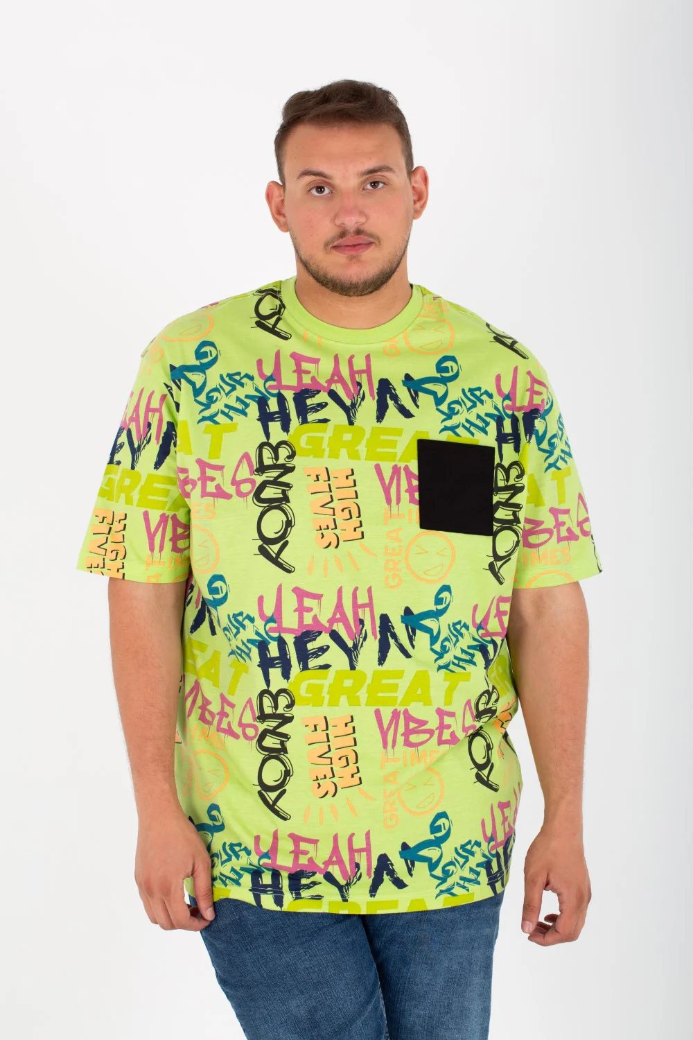 Mens Big Size Round Jacar T-shirt With Full print and a pocket on the front - Image 3