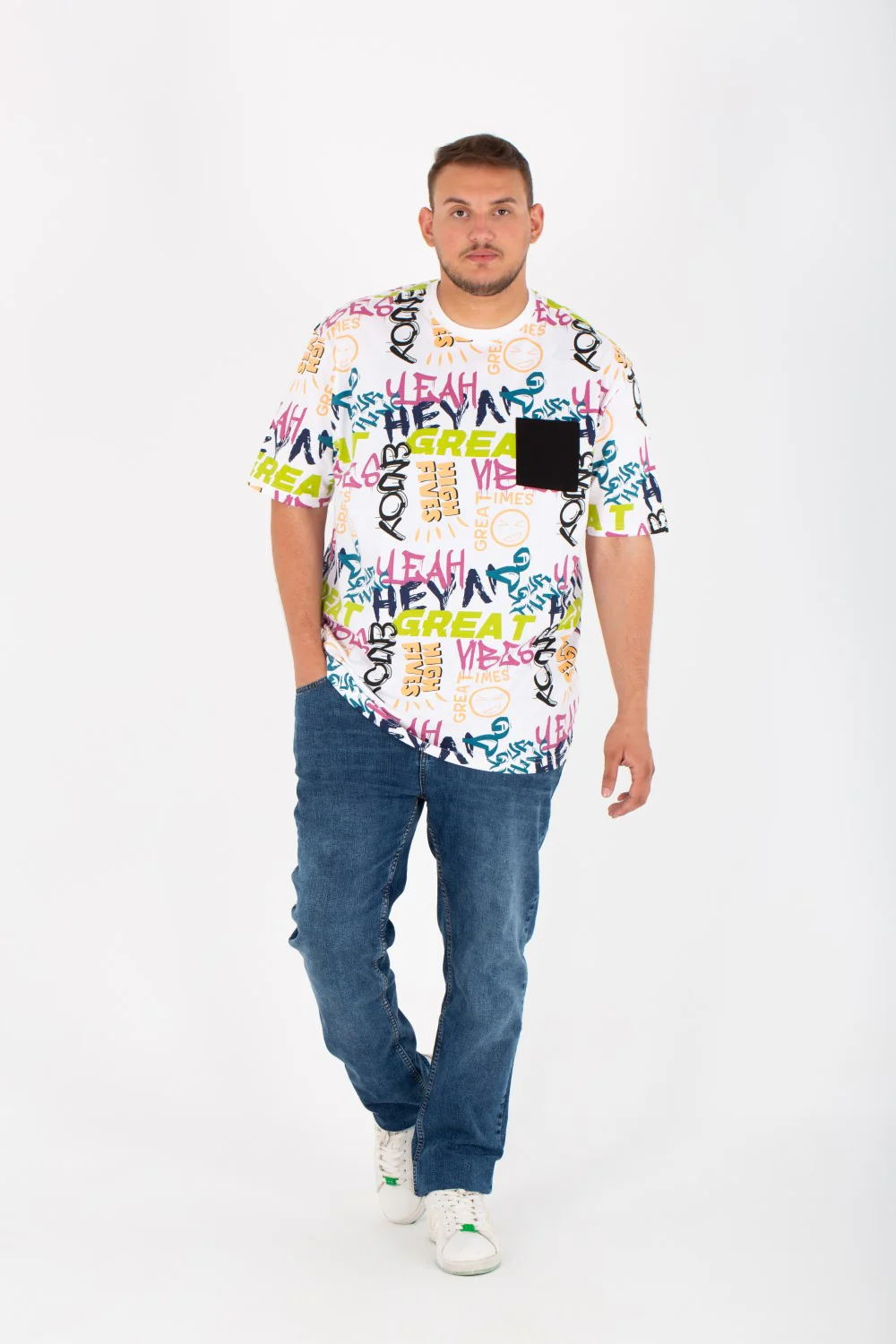 Mens Big Size Round Jacar T-shirt With Full print and a pocket on the front - Image 7