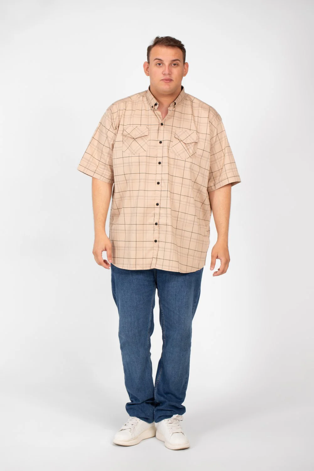 Men's Big Size Short Sleeved Checked Shirt With Full Buttons And Front Pockets - Image 4