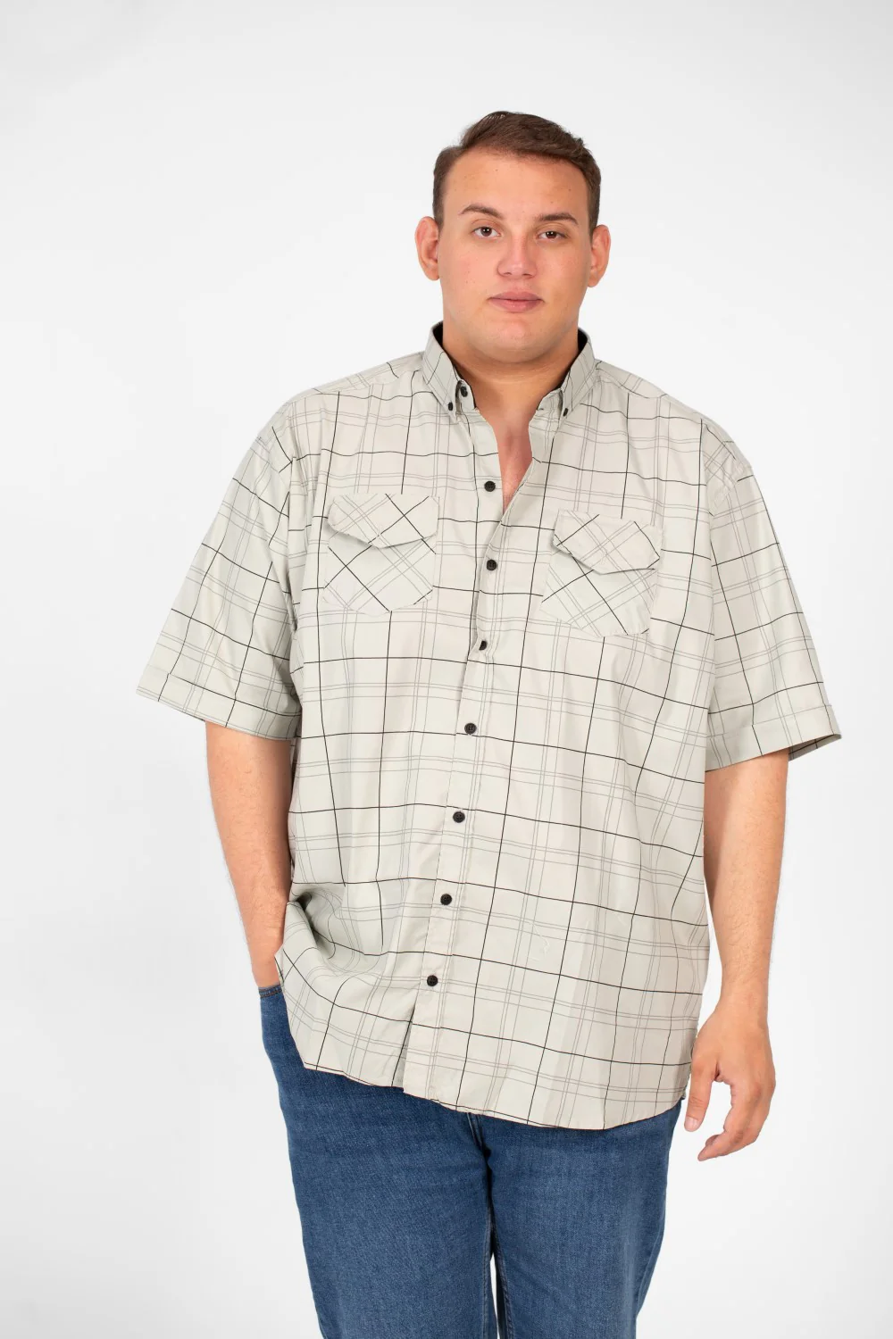 Men's Big Size Short Sleeved Checked Shirt With Full Buttons And Front Pockets - Image 9