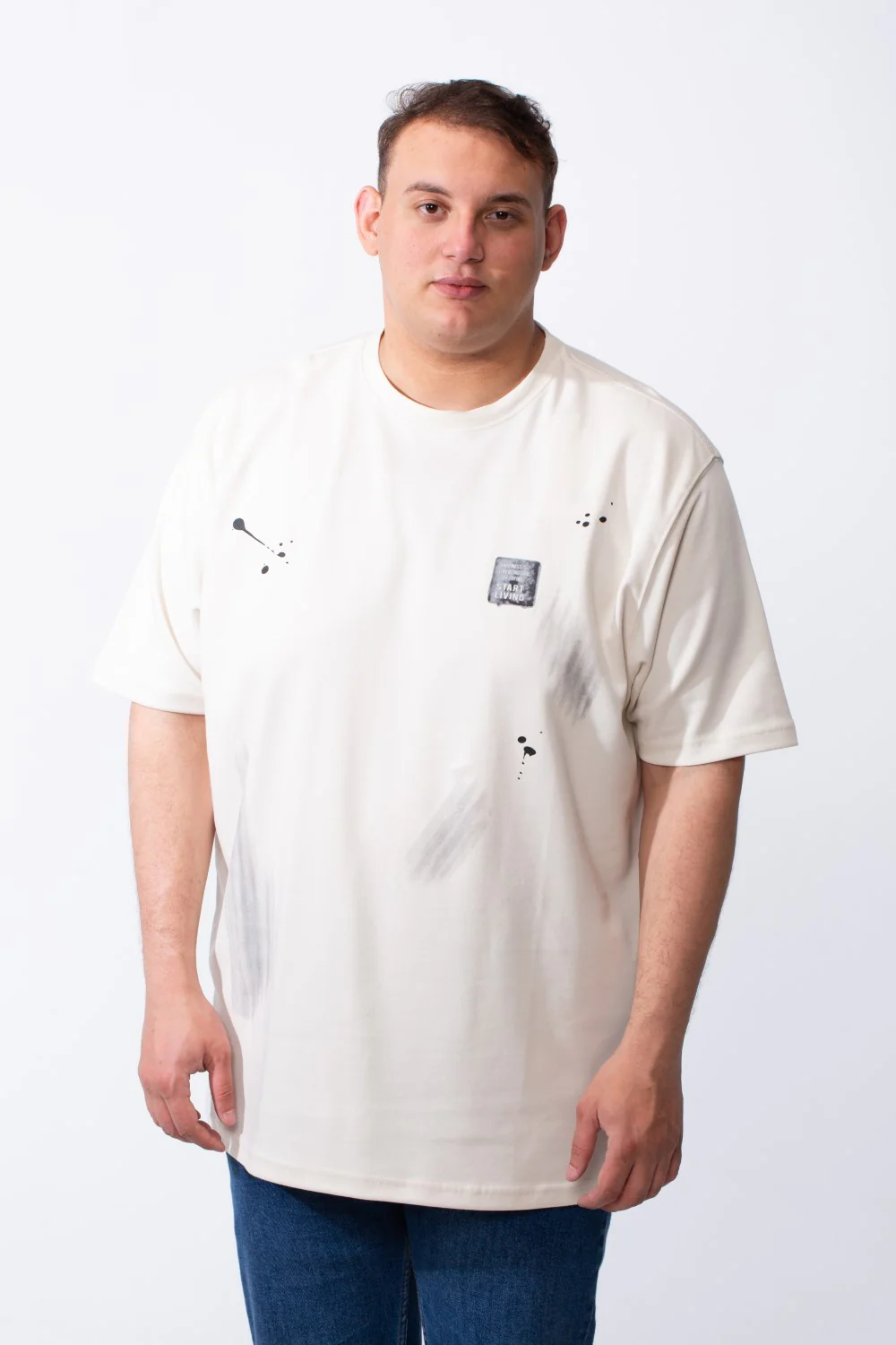 Men's Big Size T-Shirt Tomato Store Classic Ribbed Crew Neckline Distressed Paint Splatter Graphics With Bold Back Text Print