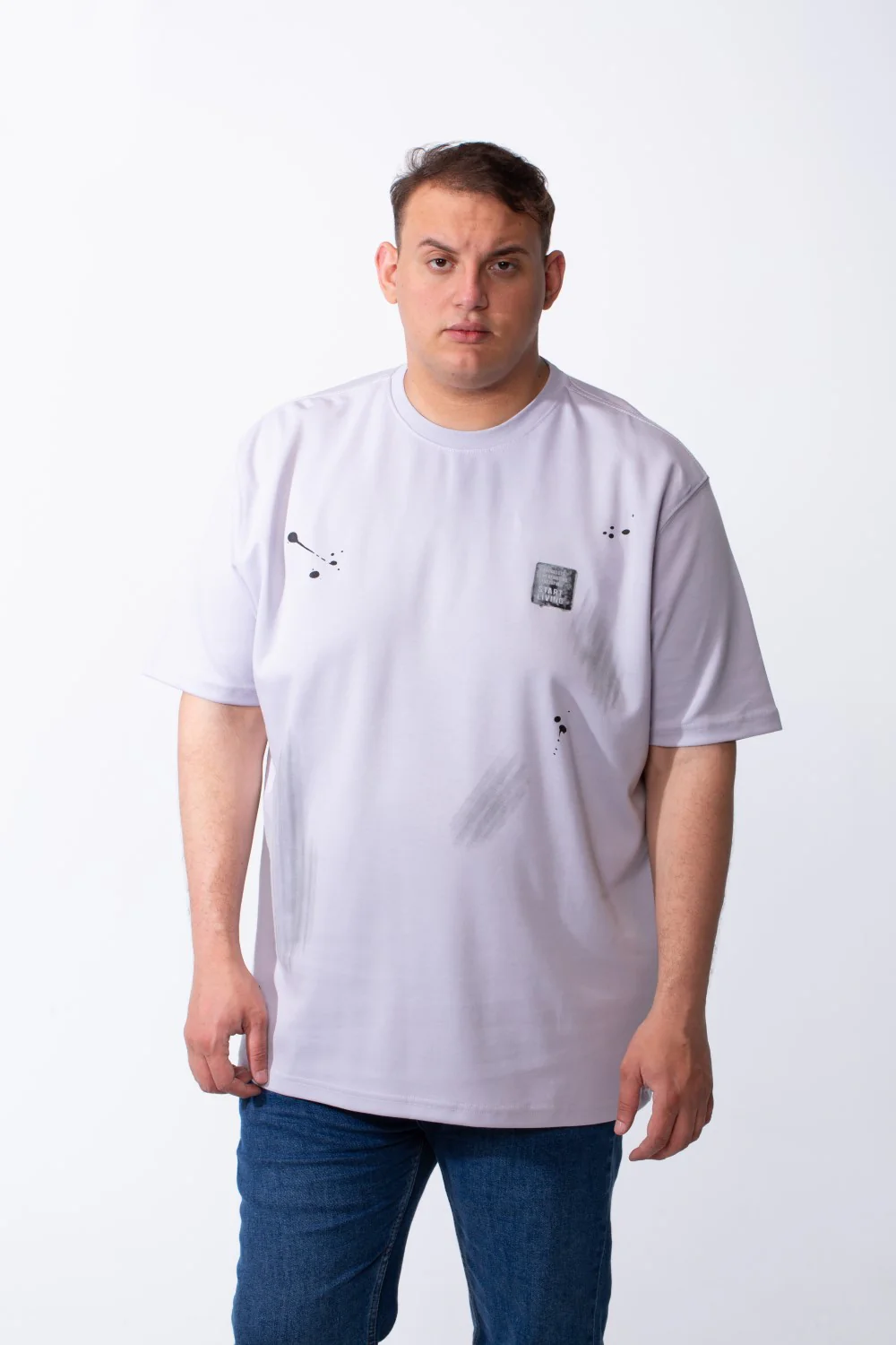 Men's Big Size T-Shirt Tomato Store Classic Ribbed Crew Neckline Distressed Paint Splatter Graphics With Bold Back Text Print - Image 5