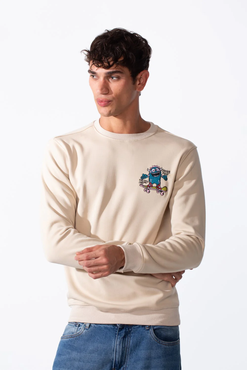 Men's Cartoon Graffiti Print Slim Fit Round Neck Sweatshirt