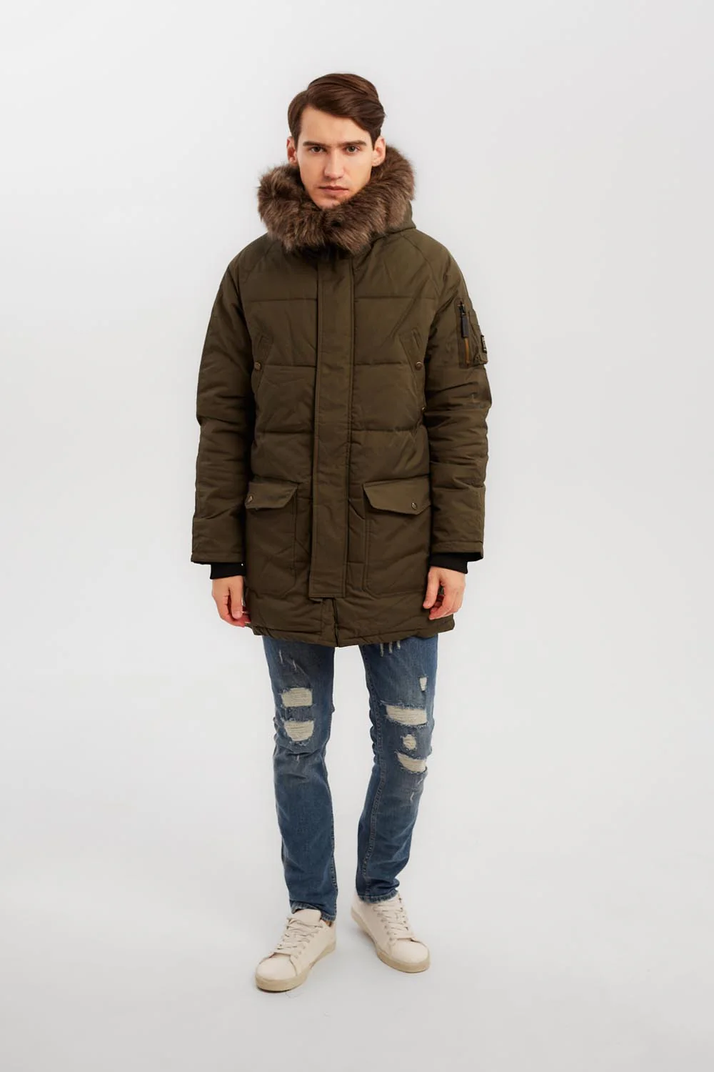 Men's Casual Puffer Long Style Front Pockets Full Zipper Fur Hooded Waterproof Jacket - Image 3