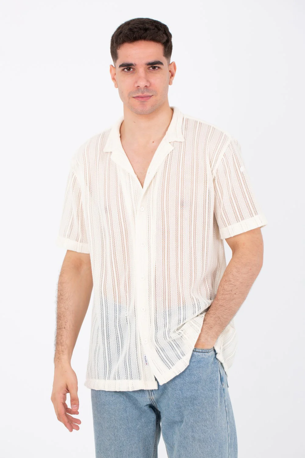 Mens Casual See Through Trico Shirt Summer Short Sleeve Button Front - Image 6