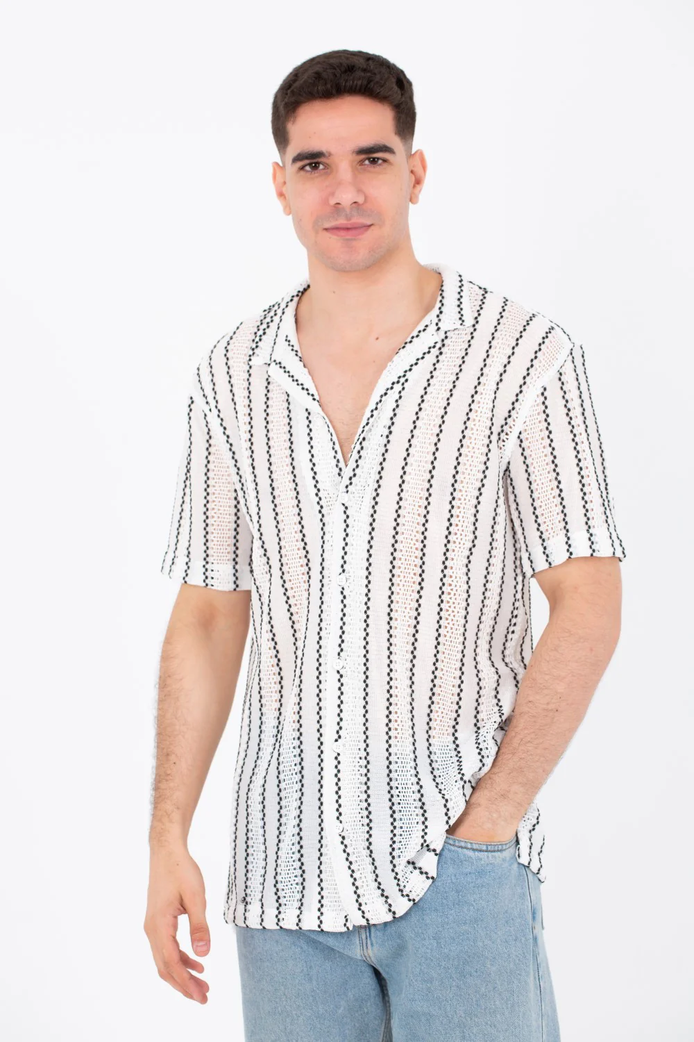 Mens Casual Striped Shirts Summer Short Sleeve Button Front In White