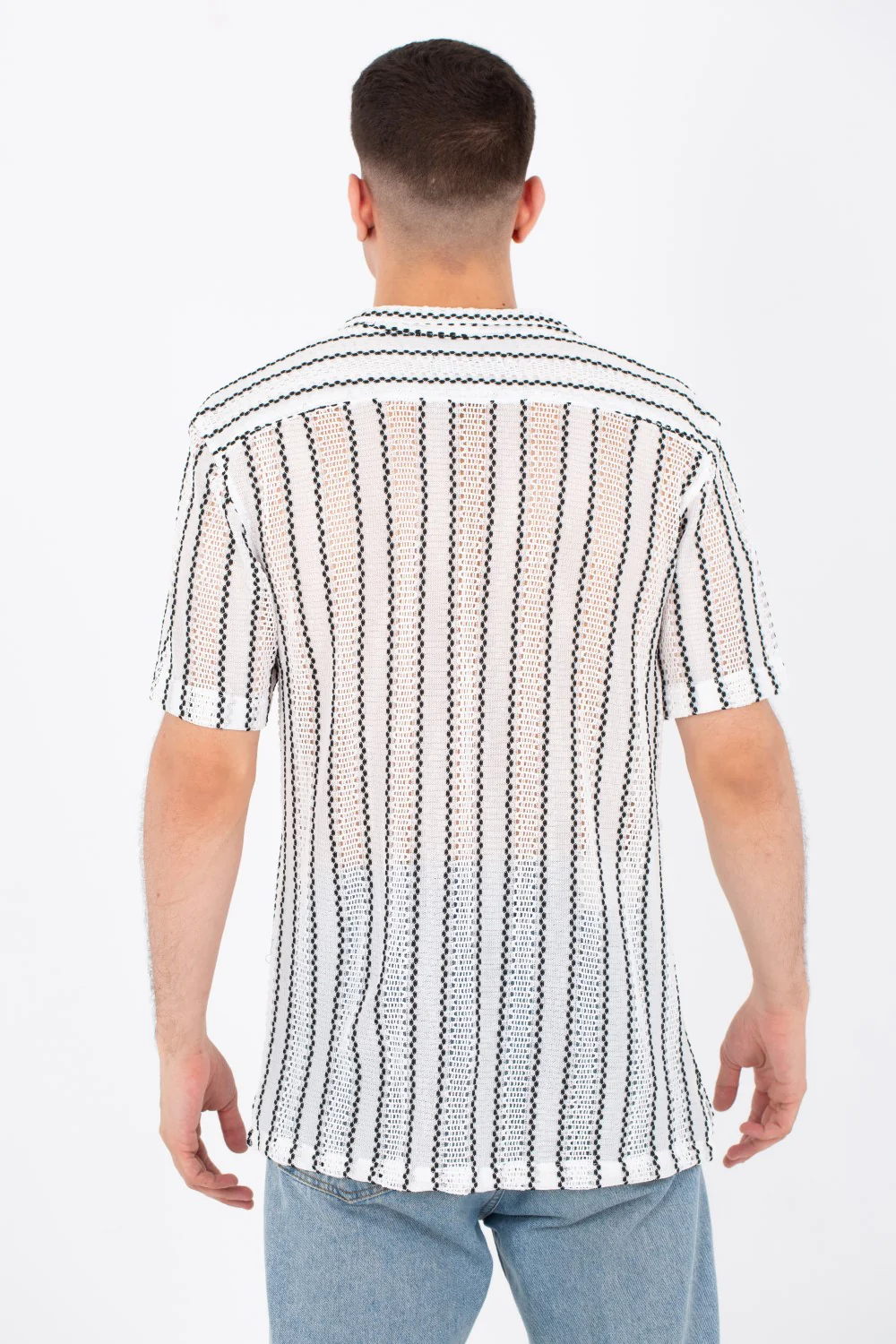 Mens Casual Striped Shirts Summer Short Sleeve Button Front In White - Image 2