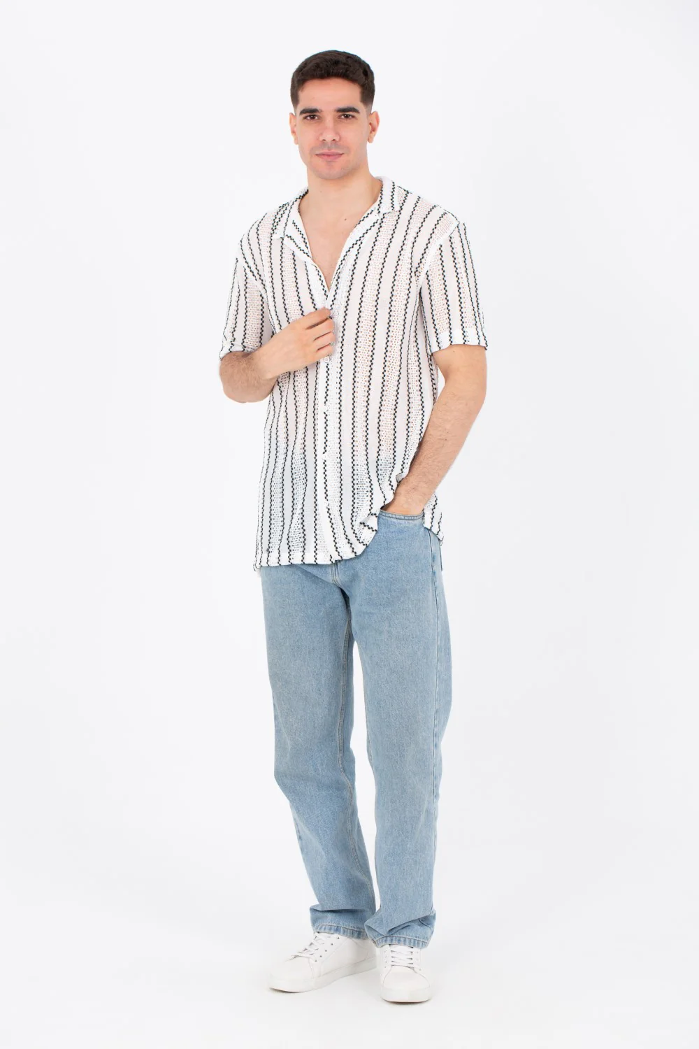 Mens Casual Striped Shirts Summer Short Sleeve Button Front In White - Image 3