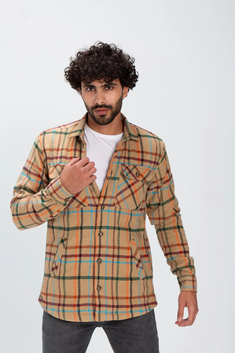 Men's Checked Regular Fit Front Pockets Full Zipper Wool Padded Shirt