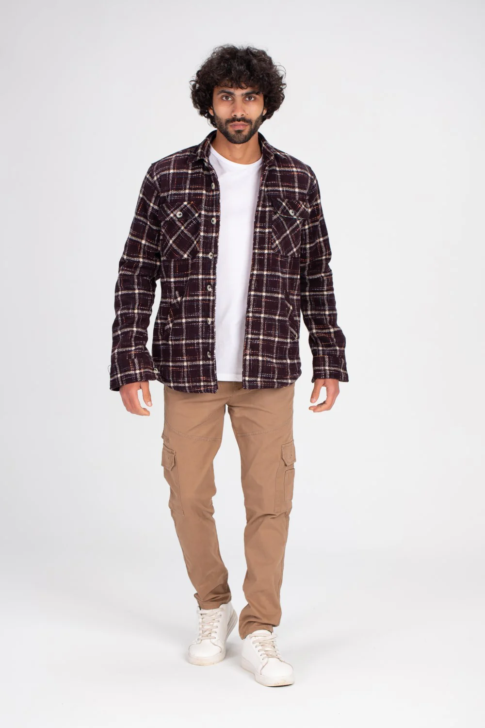 Men's Checked Regular Fit Front Pockets Padded Fur Soft Wool Shirt - Image 3