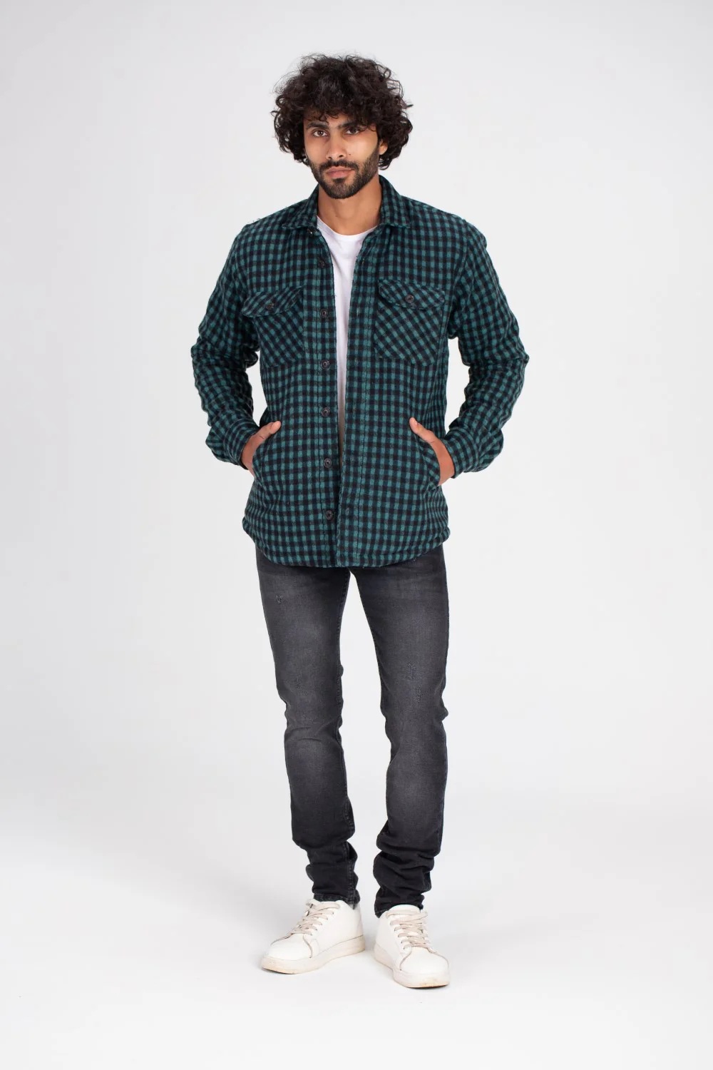Men's Checked Regular Fit Front Pockets Padded Made Of Soft Wool Shirt - Image 3