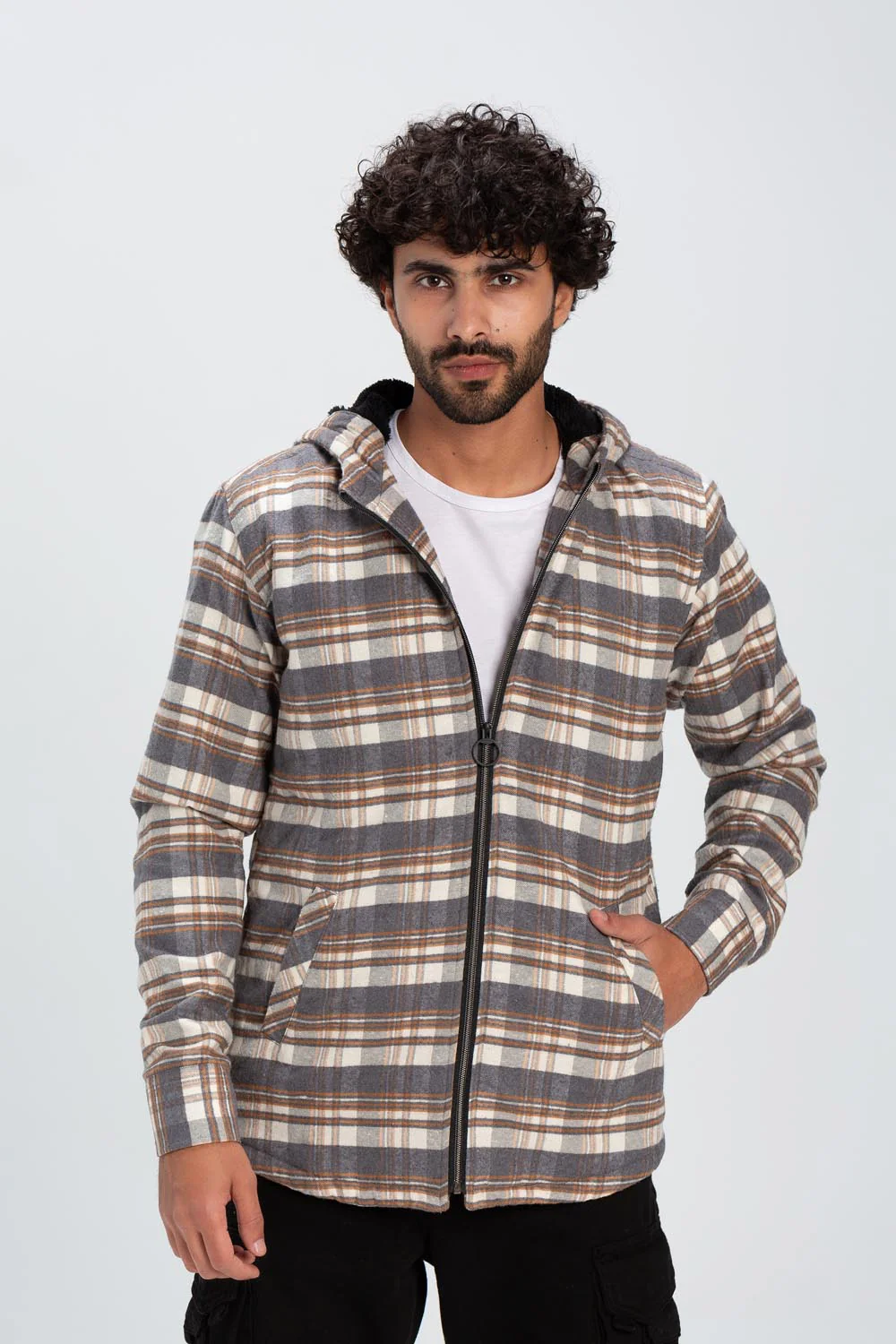Men's Checked Regular Fit Zipper Padded Soft Wool Side Pockets Shirt