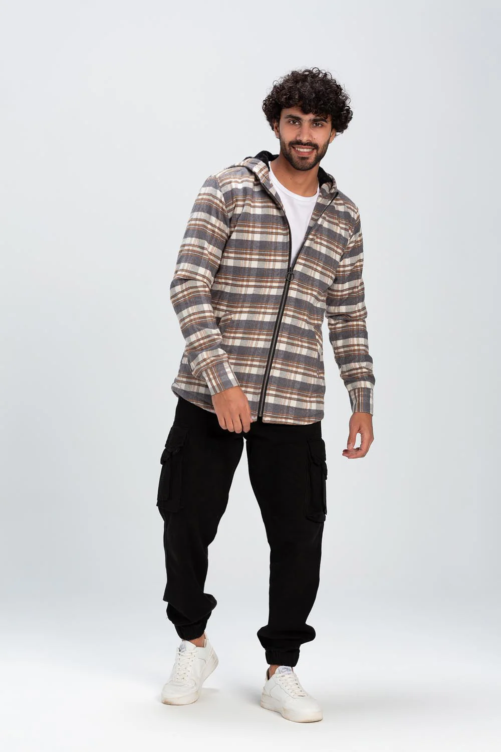 Men's Checked Regular Fit Zipper Padded Soft Wool Side Pockets Shirt - Image 3