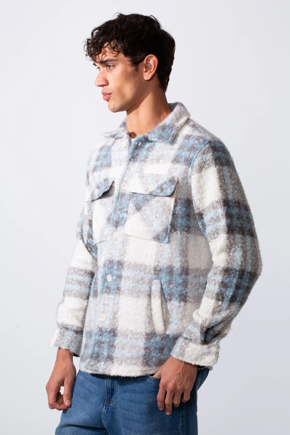 Men's Checked Slim Fit Wool Shirt With Front Pockets - Image 4