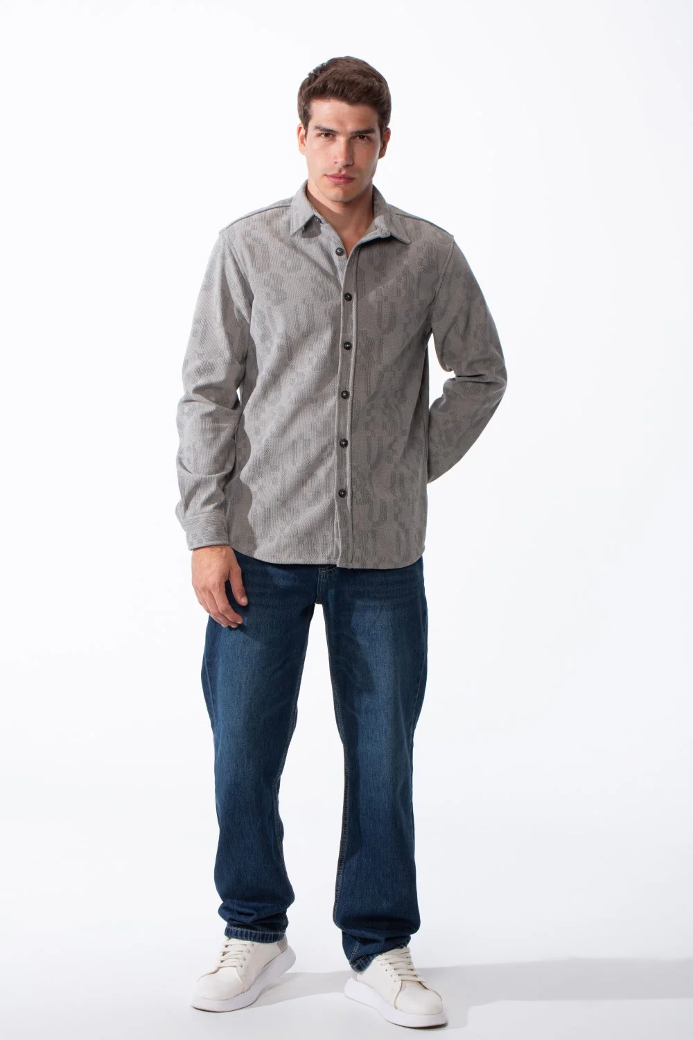 Men's Classic Button Down Design Pointed Collar Buttoned Cuffs Textured Tonal Print Smart-Casual Look Slim Fit Shirt - Image 7