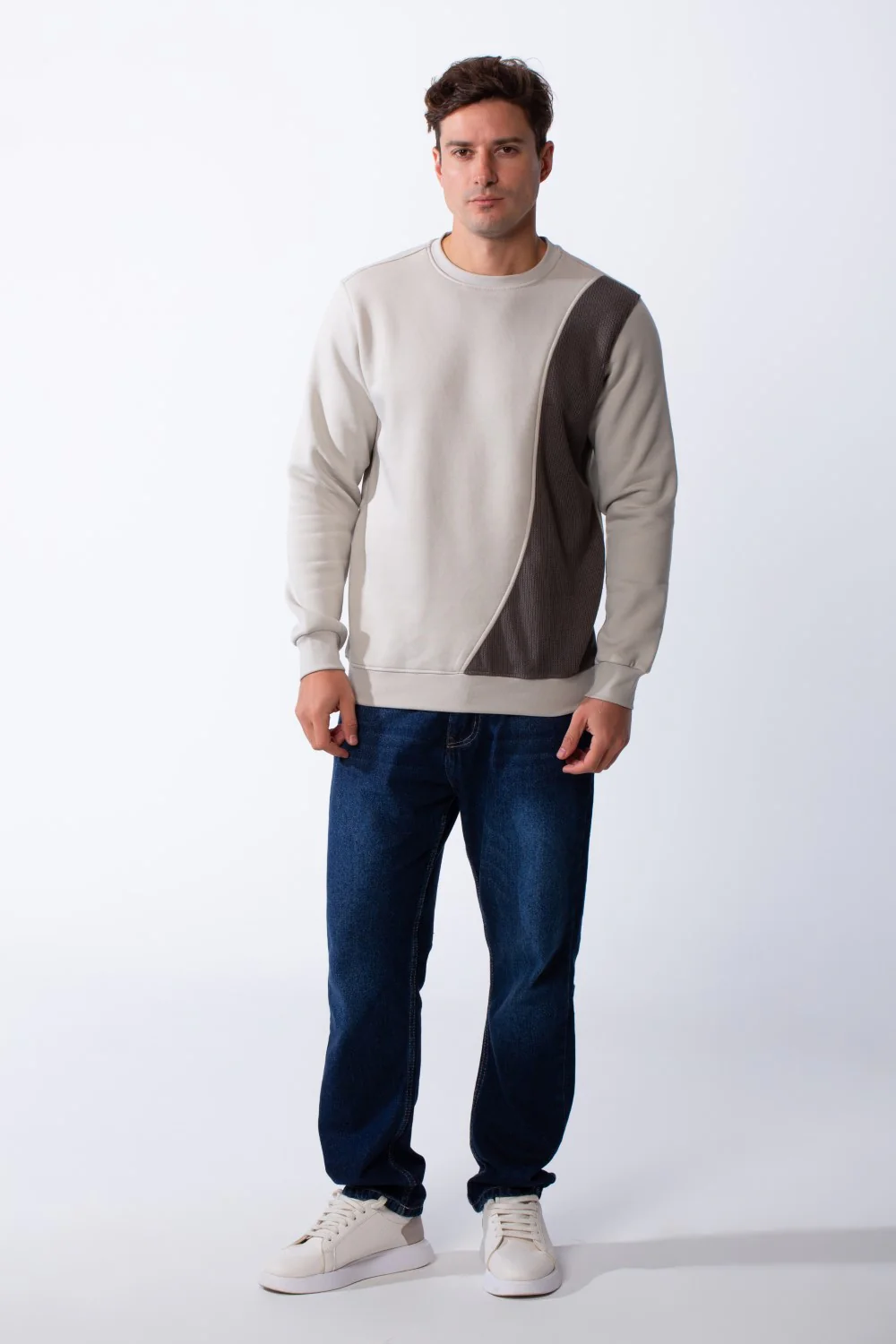Men's Classic Crew Neck With Bold Contrast Panel On One Side Perfect For Casual Every Day Wear Slim Fit Melton Sweatshirt - Image 7