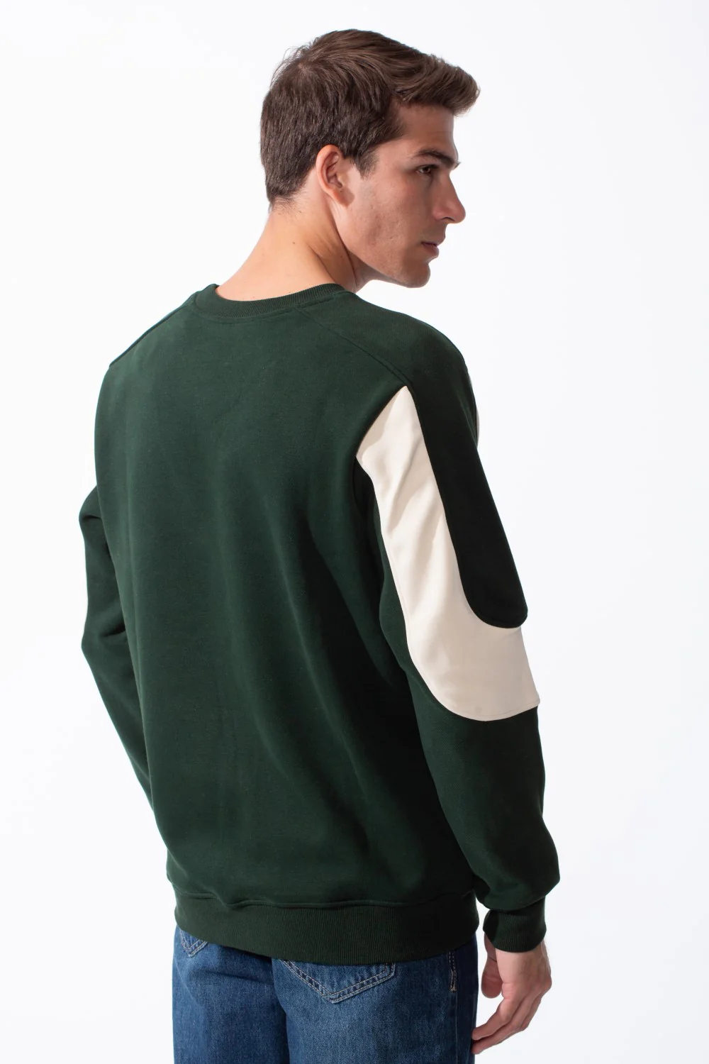 Men's Classic Crewneck Bold Embroidered Logo Sleeves Contrasting Cream Panels Sporty Modern Slim Fit Sweatshirt - Image 2