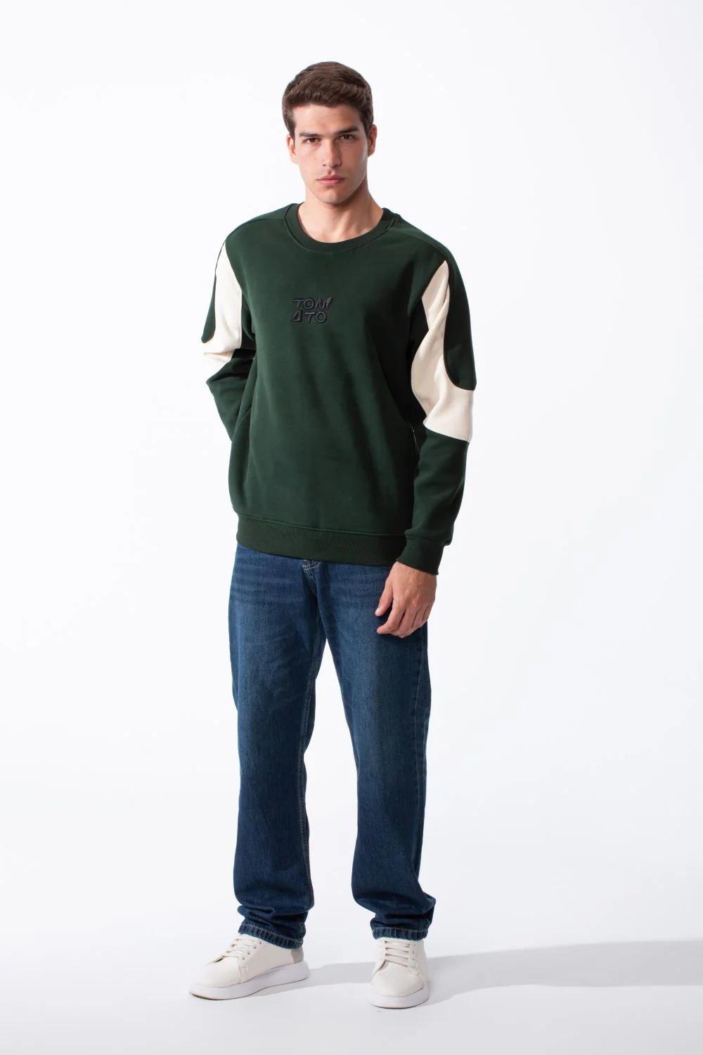 Men's Classic Crewneck Bold Embroidered Logo Sleeves Contrasting Cream Panels Sporty Modern Slim Fit Sweatshirt - Image 3