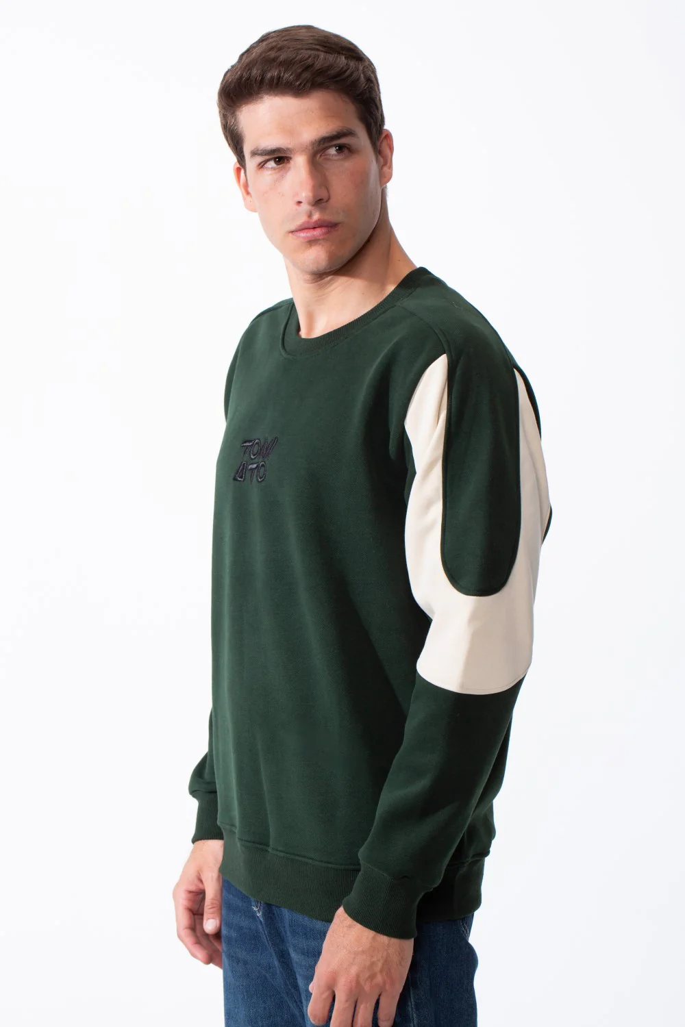 Men's Classic Crewneck Bold Embroidered Logo Sleeves Contrasting Cream Panels Sporty Modern Slim Fit Sweatshirt - Image 4