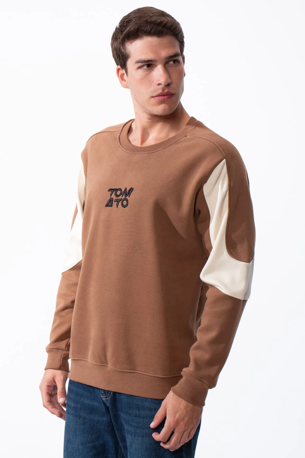 Men's Classic Crewneck Bold Embroidered Logo Sleeves Contrasting Cream Panels Sporty Modern Slim Fit Sweatshirt - Image 5