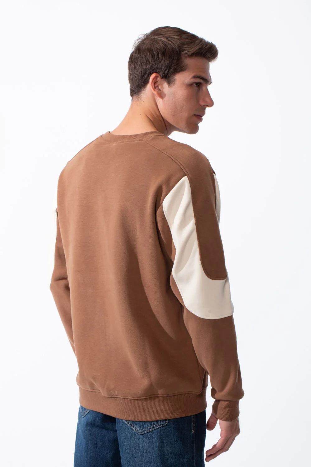 Men's Classic Crewneck Bold Embroidered Logo Sleeves Contrasting Cream Panels Sporty Modern Slim Fit Sweatshirt - Image 6