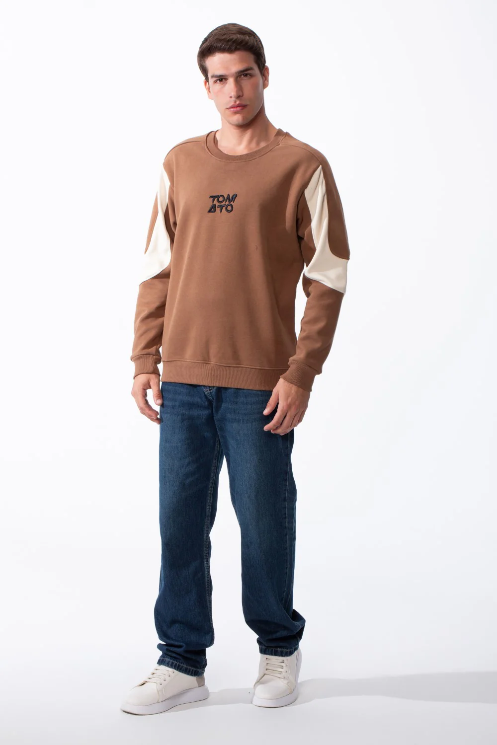 Men's Classic Crewneck Bold Embroidered Logo Sleeves Contrasting Cream Panels Sporty Modern Slim Fit Sweatshirt - Image 7
