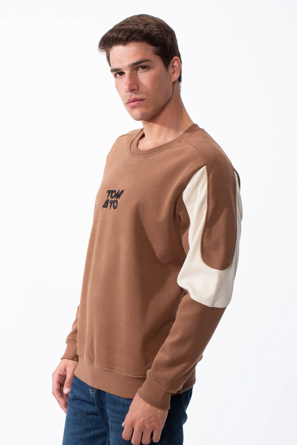 Men's Classic Crewneck Bold Embroidered Logo Sleeves Contrasting Cream Panels Sporty Modern Slim Fit Sweatshirt - Image 8