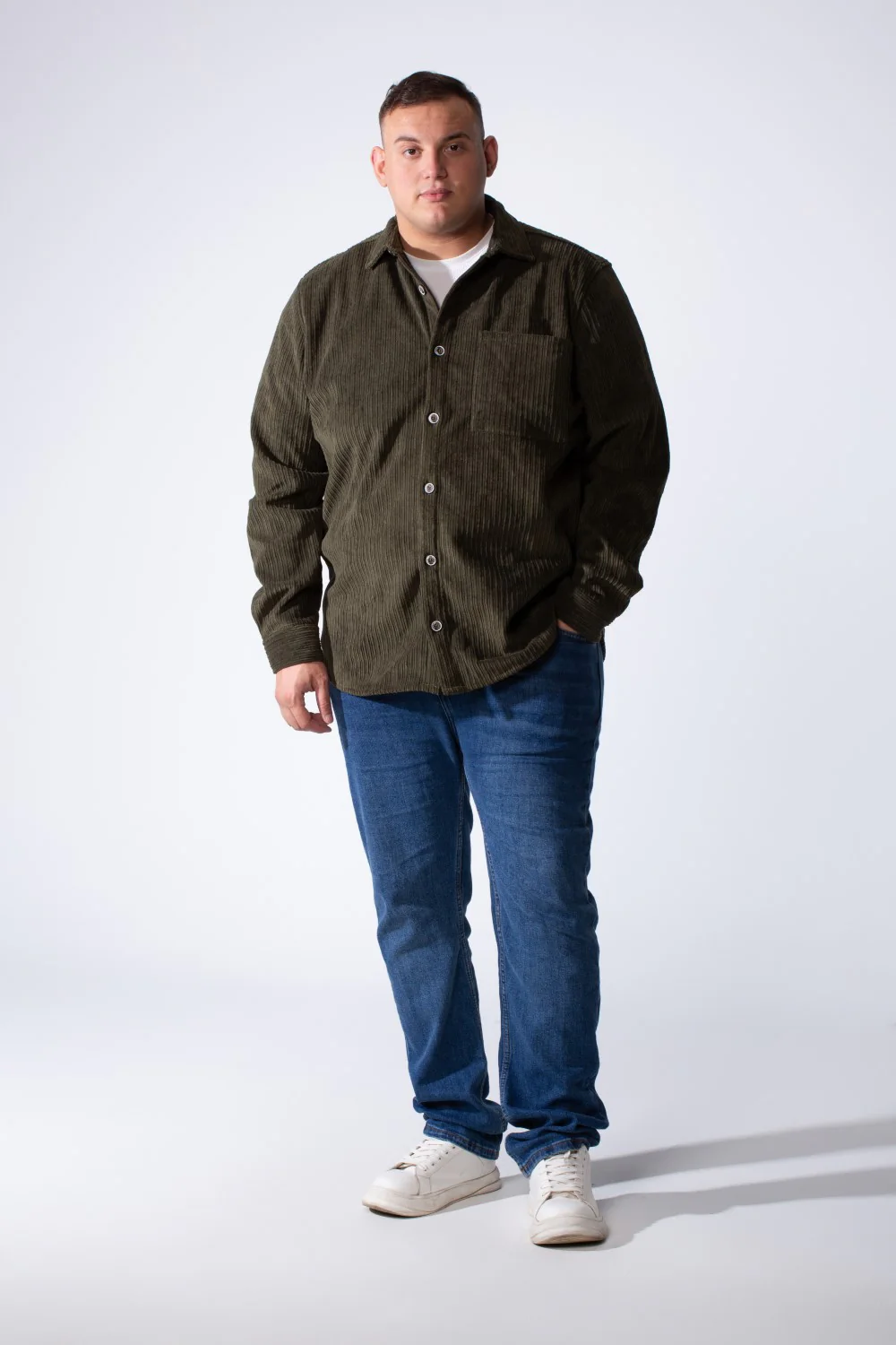 Men's Classic Neck Long Sleeve Button Down With Vertical Ribbed Textured Velvet Fabric Practical Chest Pocket Modern Big Size Shirt - Image 15