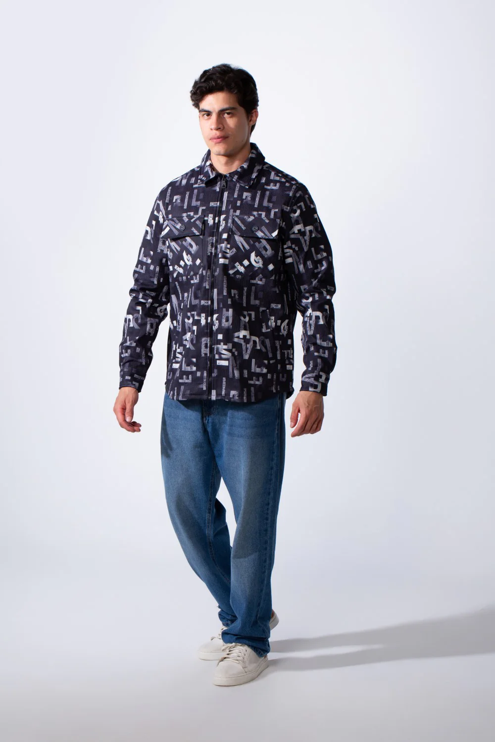 Men's Classic Neck Long Sleeve Printed Textured Fabric Chest Pocket Jakar Shirt - Image 3